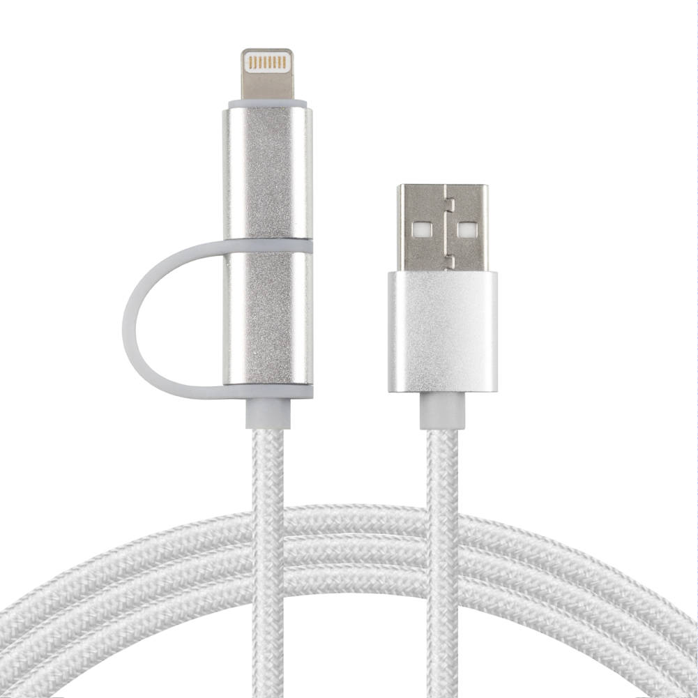 CB065 2in 1 data cable USB to Micro+lightning USB Cable DC5V 2.4A 1M CE FCC