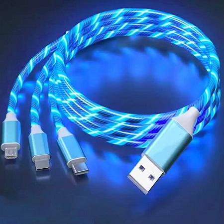 3 in 1 Charging Cable Light Up Fast Charger Multi Charging Cable LED Flowing Light Up Charger Cable Durable PVC Charging Cord for Most Cell Phones Colorful 1.2M