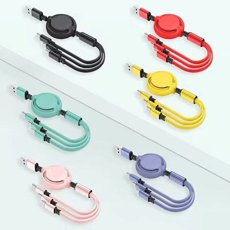 Retractable 3-in1 charging cable 1meter lenght USB to Type C+Lightning+Micro colorful colors CE FCC RoHS certificated