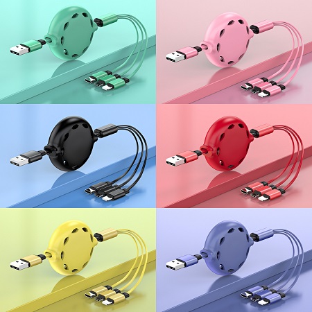 3-in-1 retractable USB cable TPE flat charging and data cable USB to Type C+Micro+Lightnig 